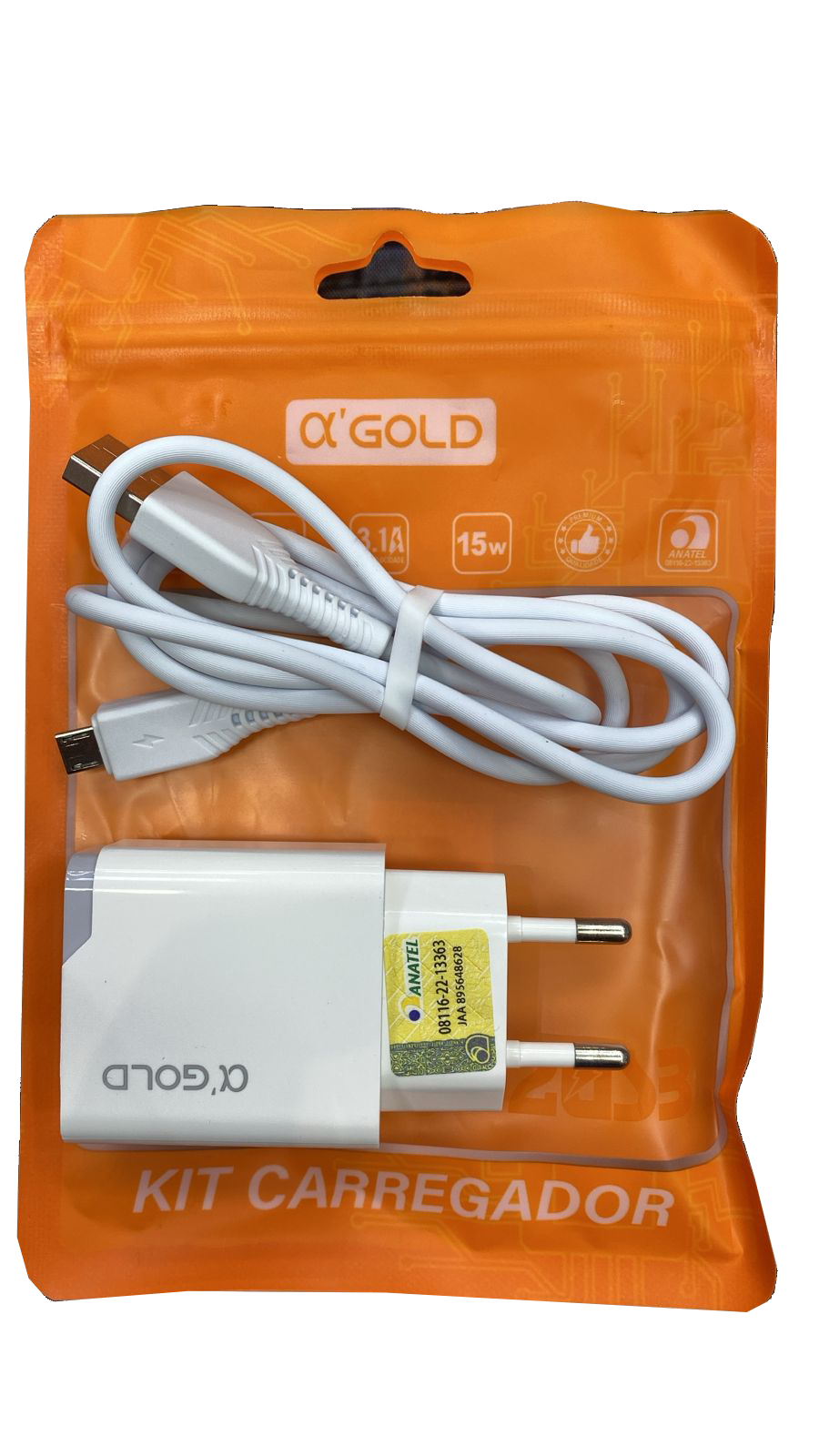 Kit Carregador com Cabo Tipo V8 / Micro usb 3.1A - aGold